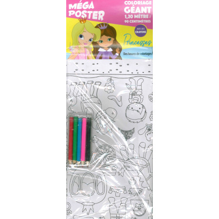 Méga poster Princesses + 4 crayons de couleurs