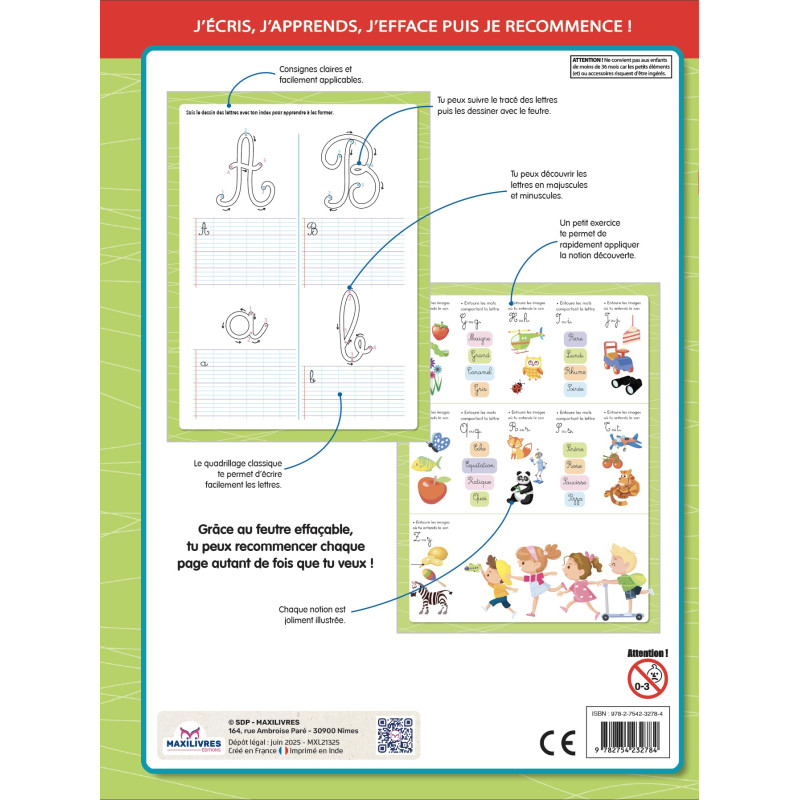 J'écris, J'apprends, j'efface puis je recommence - MONTESSORI - Je trace les lettres - 9782754232784